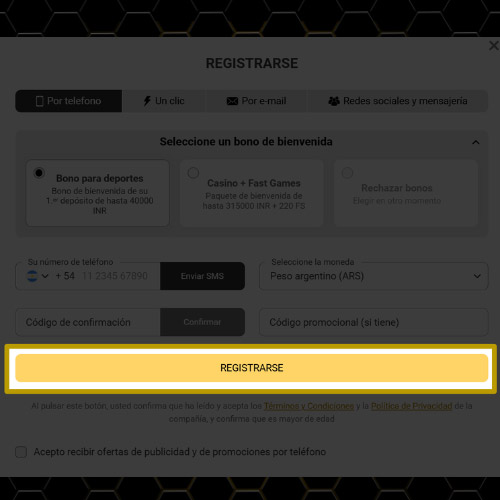 Confirmar la creación de la cuenta Melbet